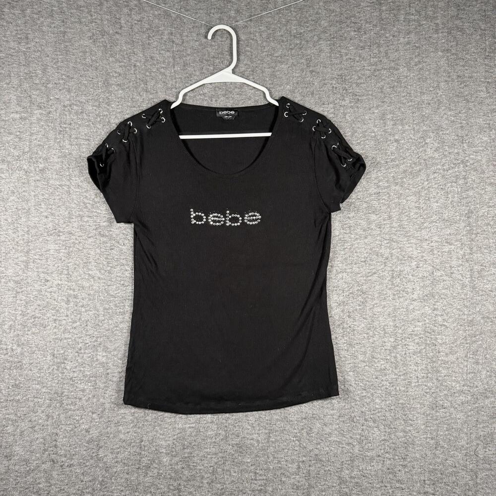 Vintage Y2K bebe Womens L Black Rhinestone Logo Ribbed Lace Up Sleeve